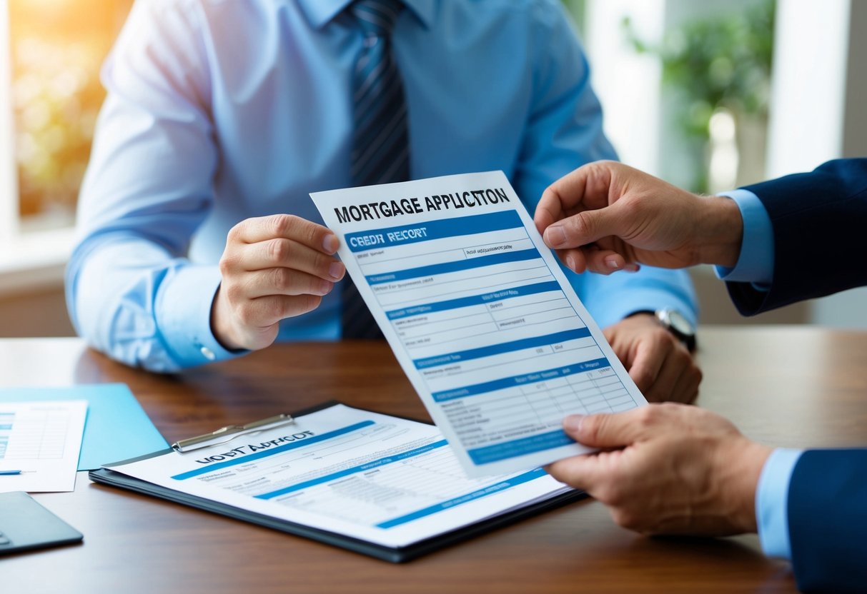 A person in the UK holding a mortgage application form with a credit report from Australia, while a mortgage advisor explains the relevance of credit history