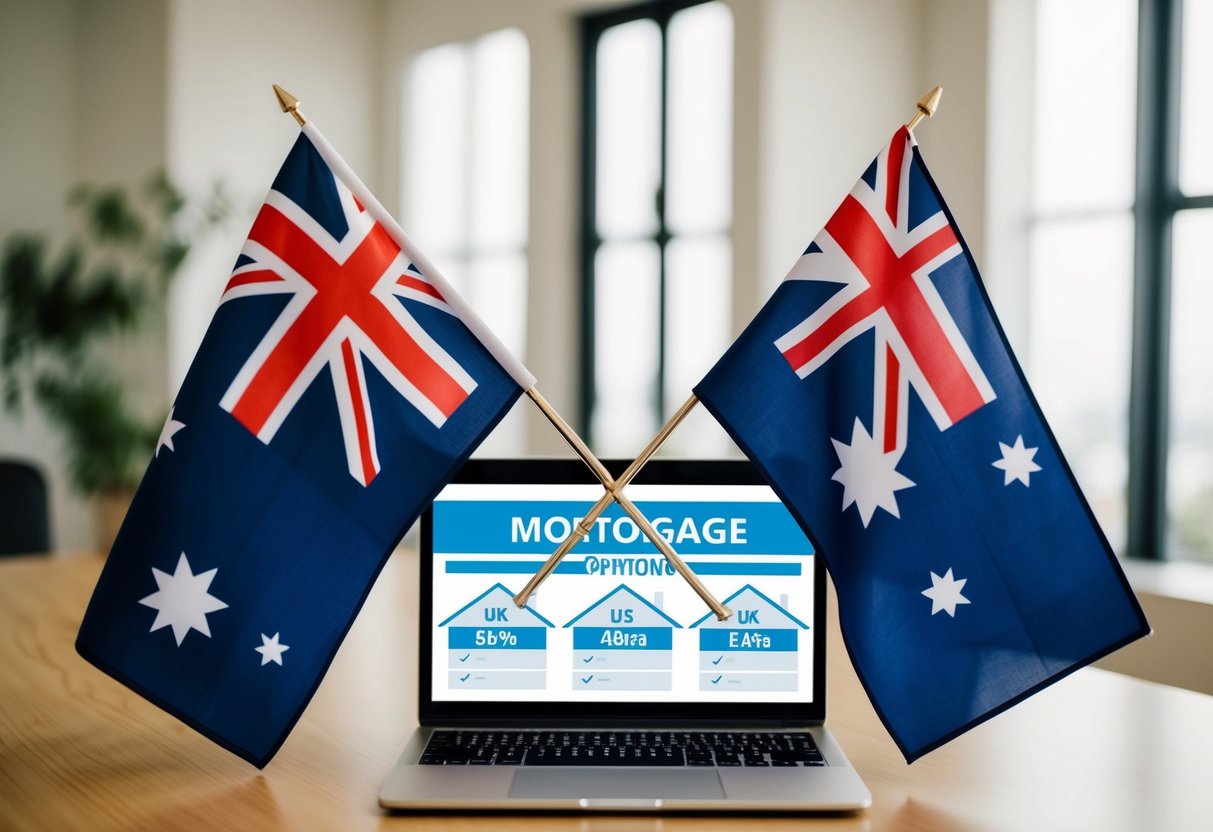 An Australian flag and a UK flag side by side, with a laptop displaying mortgage options