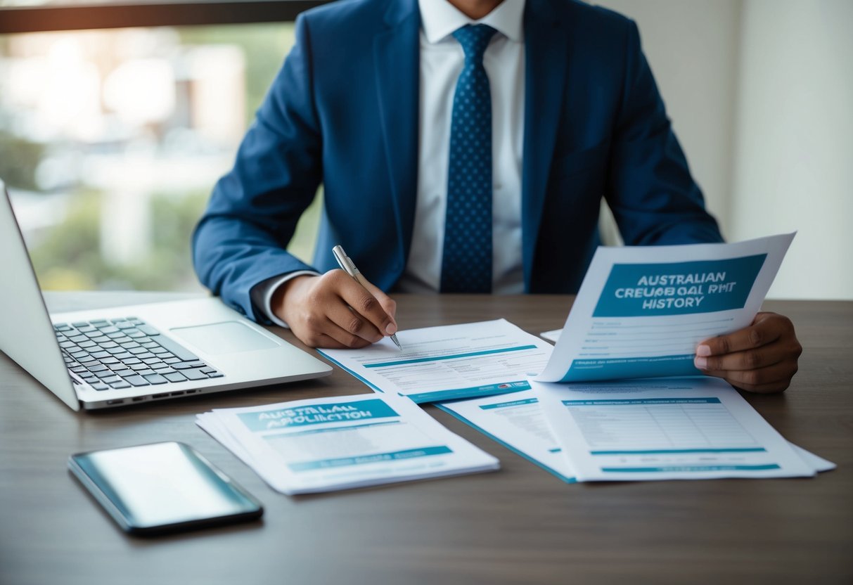A foreign national sits at a desk with a laptop, filling out mortgage application forms while holding Australian credit history documents