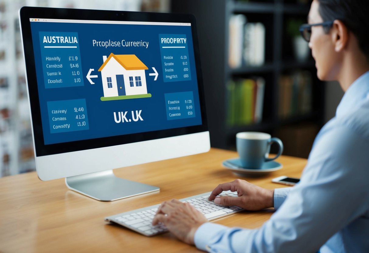A person in Australia using a computer to transfer money to purchase a property in the UK, with currency exchange rates displayed on the screen