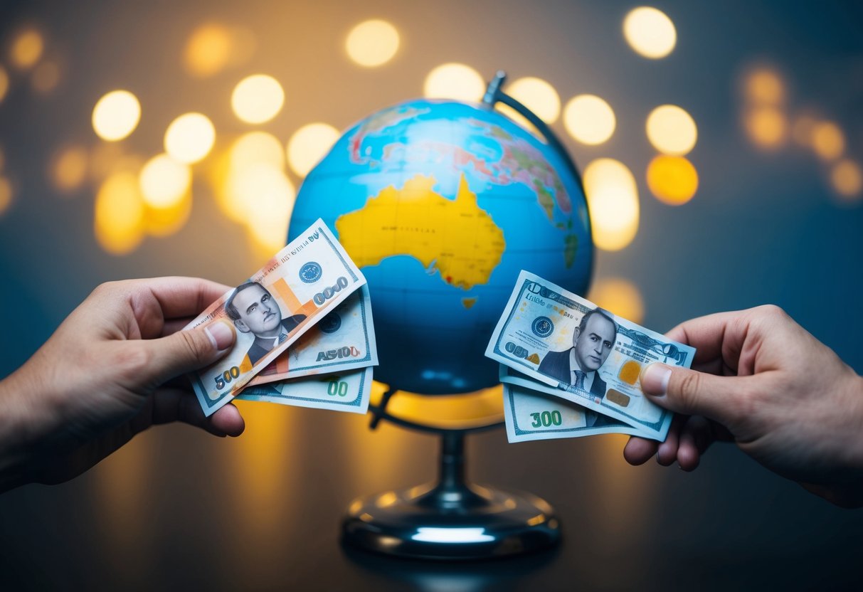 A person in Australia sends money to the UK, represented by two distinct currencies and a globe in the background