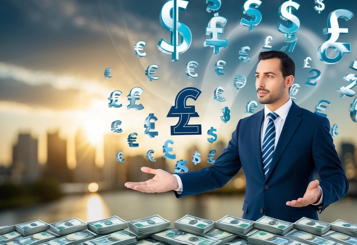 A professional advisor guides a client through a maze of currency symbols, representing the challenges of buying UK property from Australia