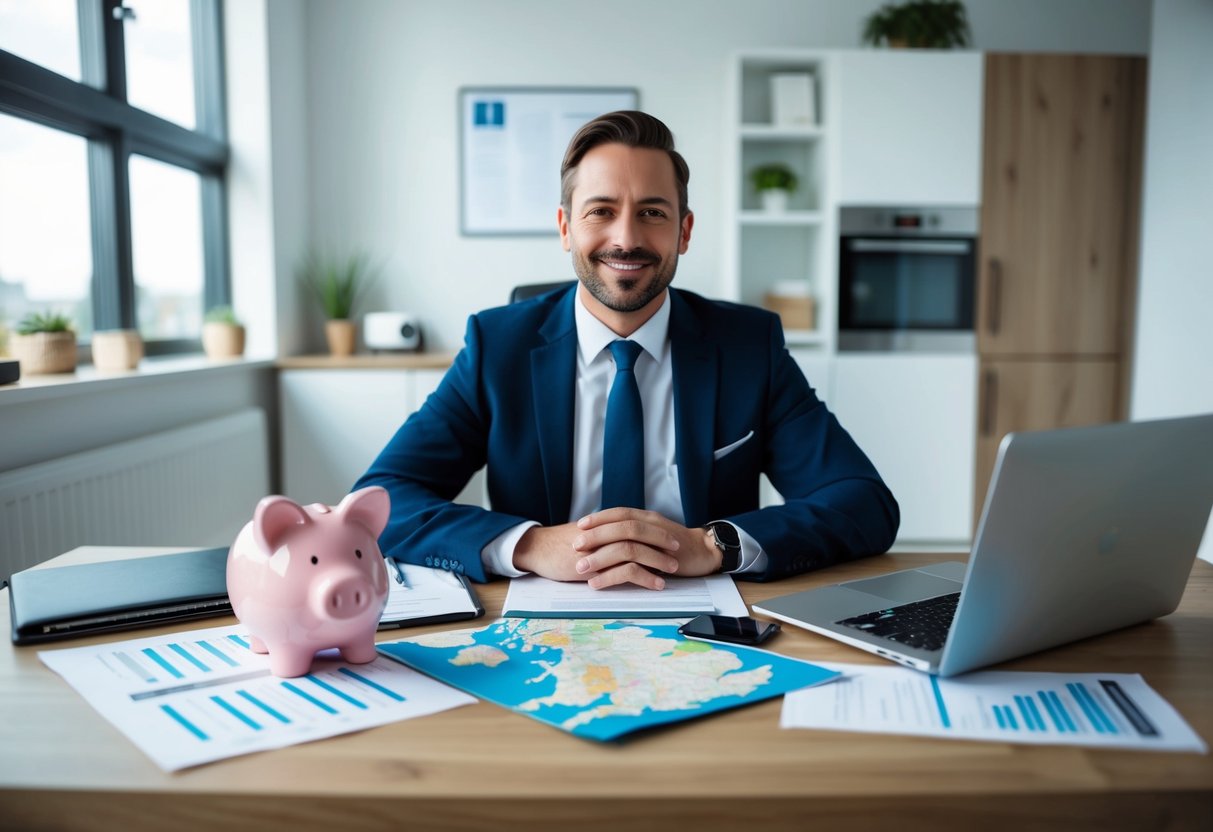 An expat sits at a desk, surrounded by financial documents and a laptop. A map of the UK and a piggy bank are on the table