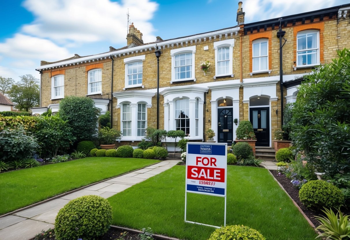 A traditional British townhouse surrounded by a well-kept garden, with a "For Sale" sign displayed prominently in the front yard