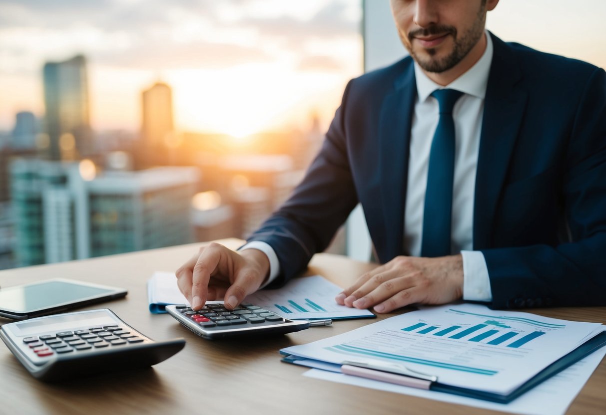 An expat researching UK property market, with financial documents and calculator on the table