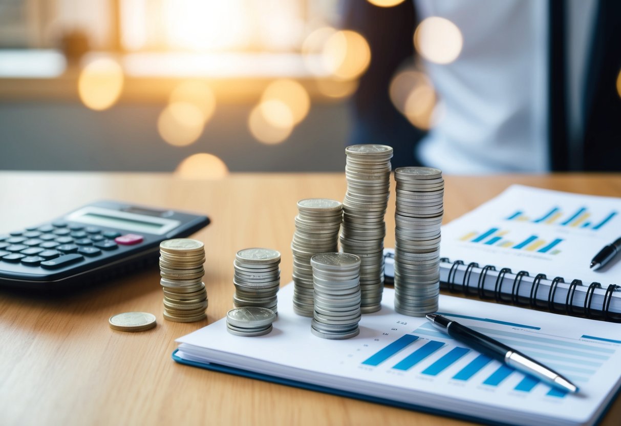 A stack of coins and bills arranged neatly on a table, alongside a calculator and a notebook with financial planning charts and graphs