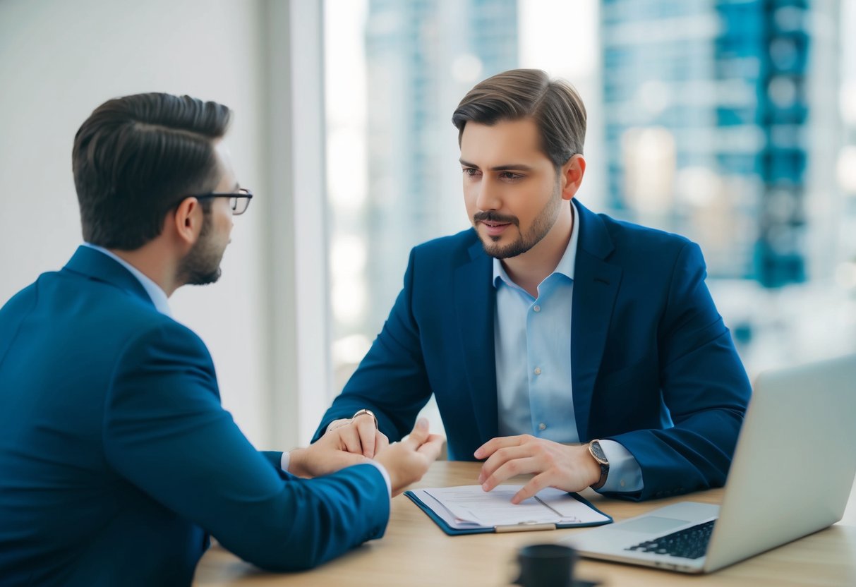 A UK expat in the USA consults with a mortgage broker, discussing options for securing a UK mortgage. The advisor provides guidance and information