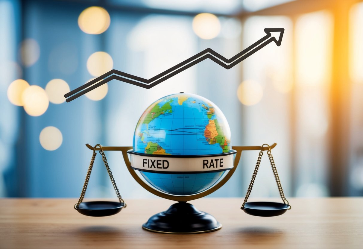 A globe surrounded by a scale, with one side labeled "Fixed Rate" and the other "Variable Rate." A line graph showing fluctuating interest rates hovers above