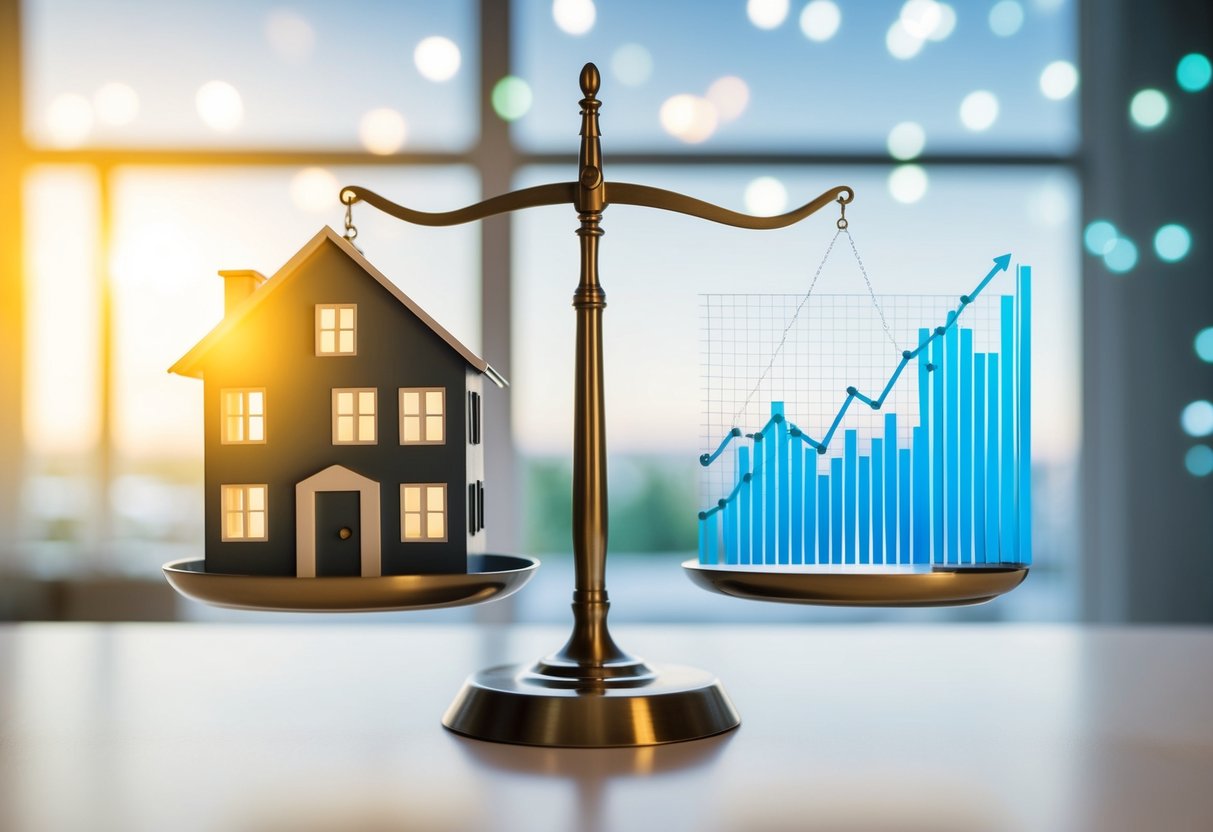 A house with a scale balancing a stable, solid foundation on one side and a fluctuating, dynamic graph on the other