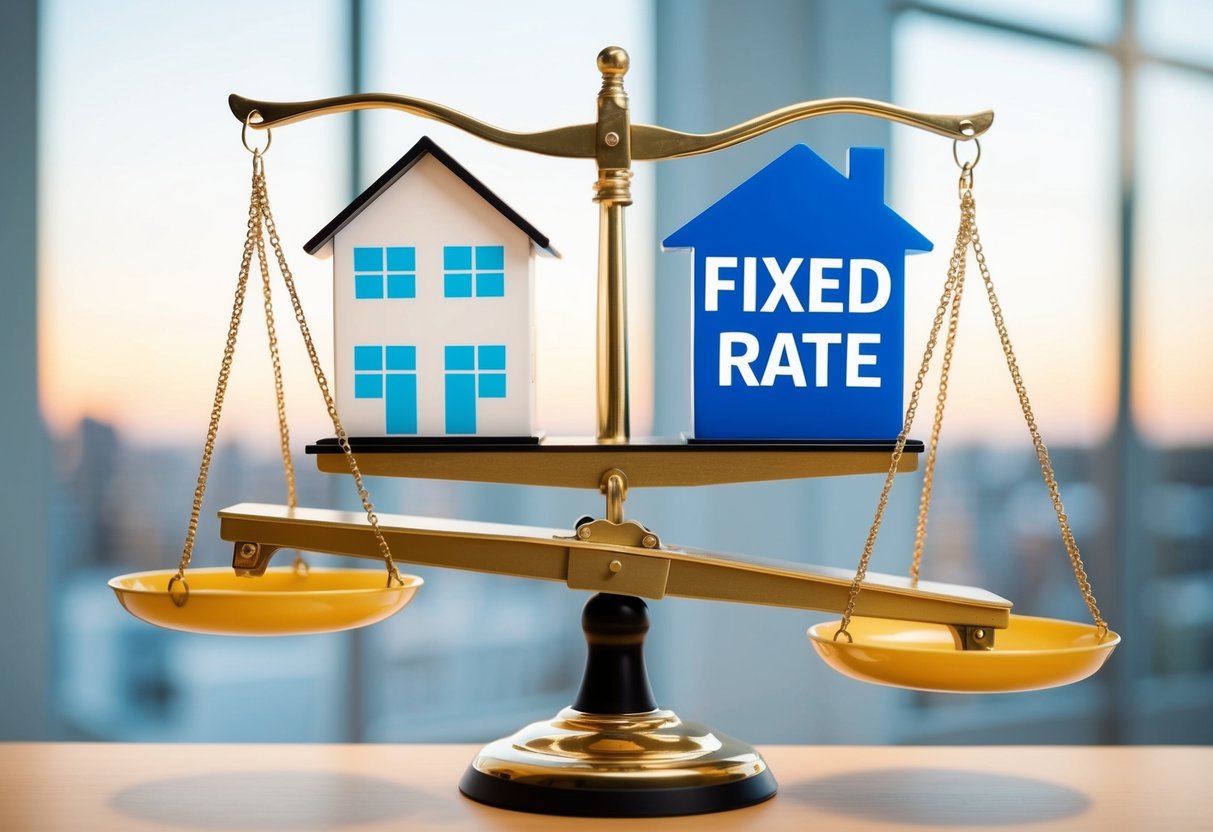 A scale balancing a house on one side and a seesaw with a fixed rate symbol on one end and a variable rate symbol on the other