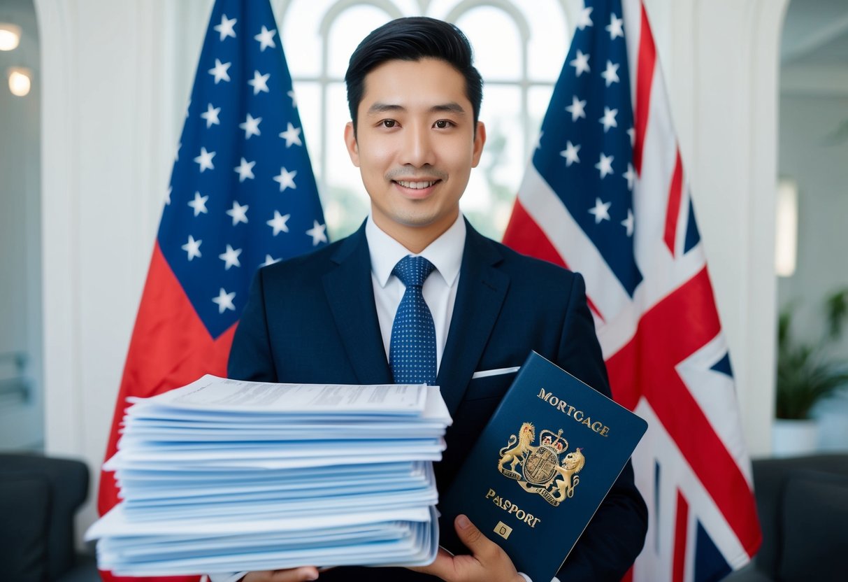 A foreign national holding a passport and a stack of mortgage documents, standing in front of a UK flag and a USA flag