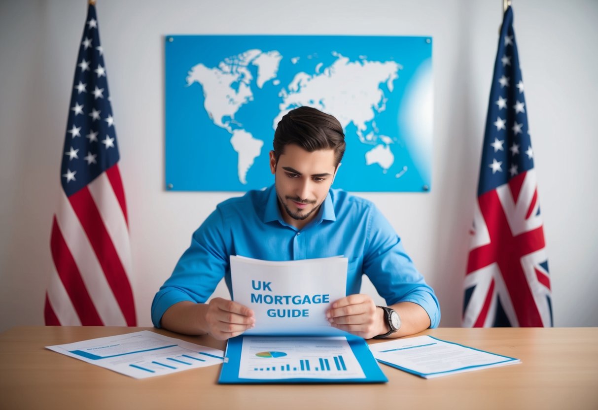 A US applicant studying a UK mortgage guide with a map of the UK and USA flags in the background