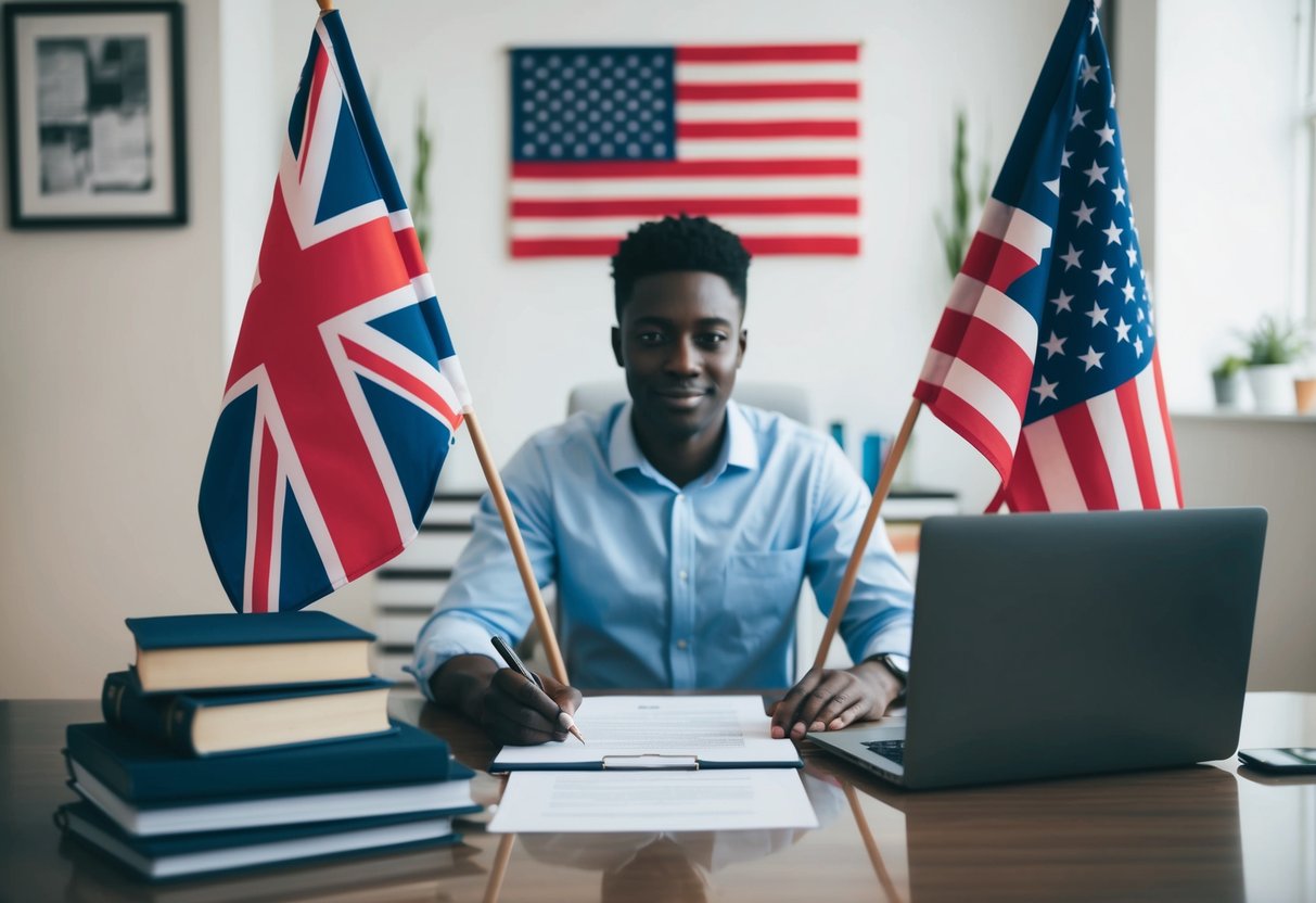 A person at a desk with a laptop, paperwork, and a stack of books, surrounded by UK and USA flags