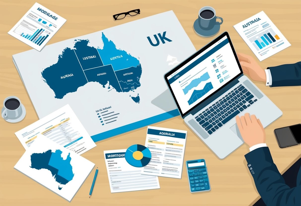 A person researching UK mortgage products and regulations with a map of the UK and Australia, a laptop, and various mortgage documents spread out on a desk