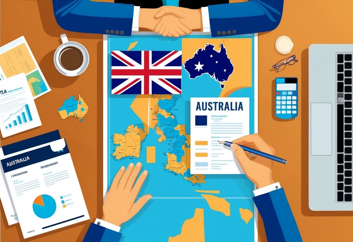 A person researching UK mortgage regulations while holding a map of the UK and Australia, with various documents and a laptop on a desk