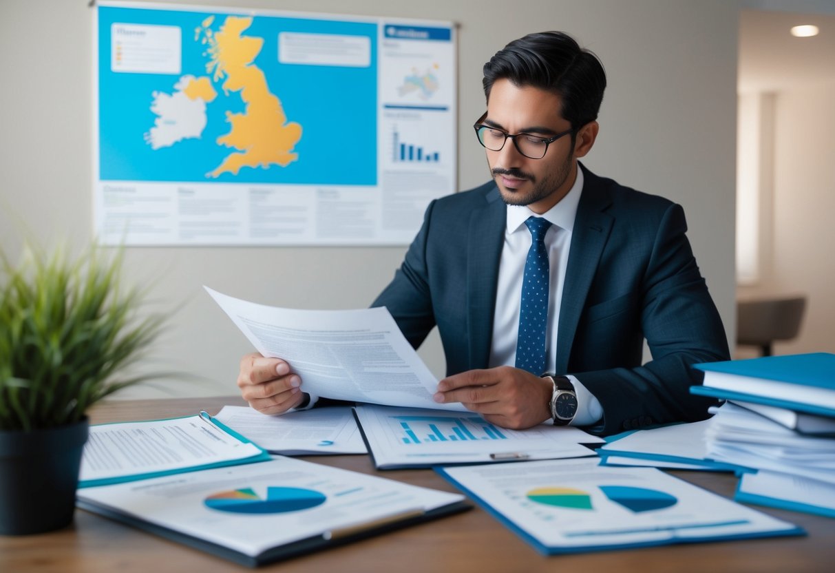 An Australian investor studying UK property tax laws, surrounded by legal documents and charts, with a map of the UK on the wall