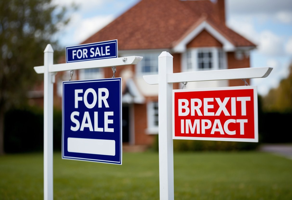 A house with a "For Sale" sign and a "Brexit Impact" headline in the background