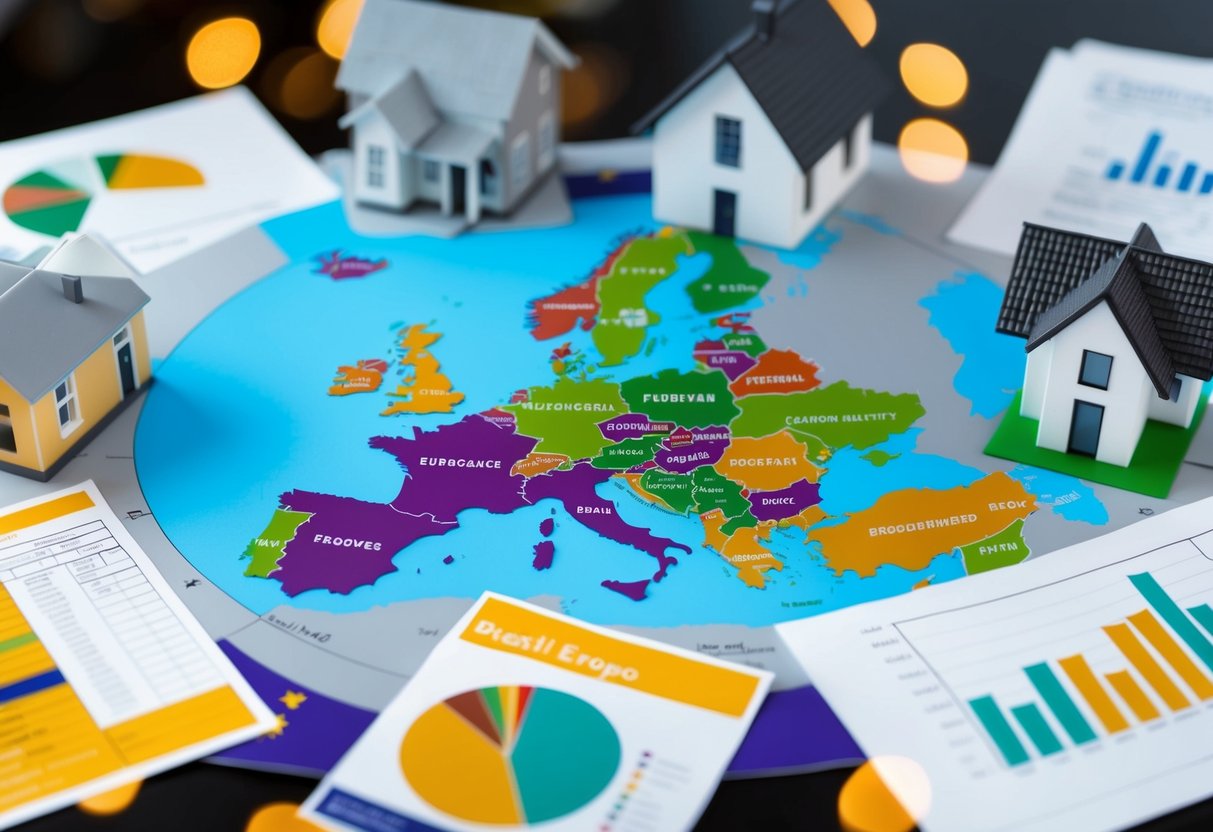 A map of Europe with a focus on the UK, surrounded by images of houses, mortgage documents, and financial charts, symbolizing the impact of Brexit on expat mortgages and property ownership