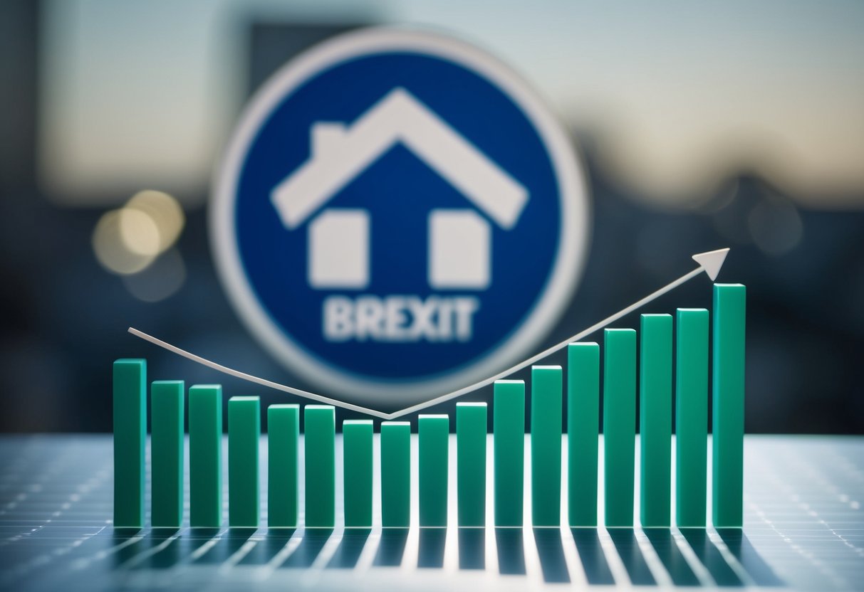 A graph showing fluctuating property values and mortgage rates, with a looming shadow of the Brexit logo in the background