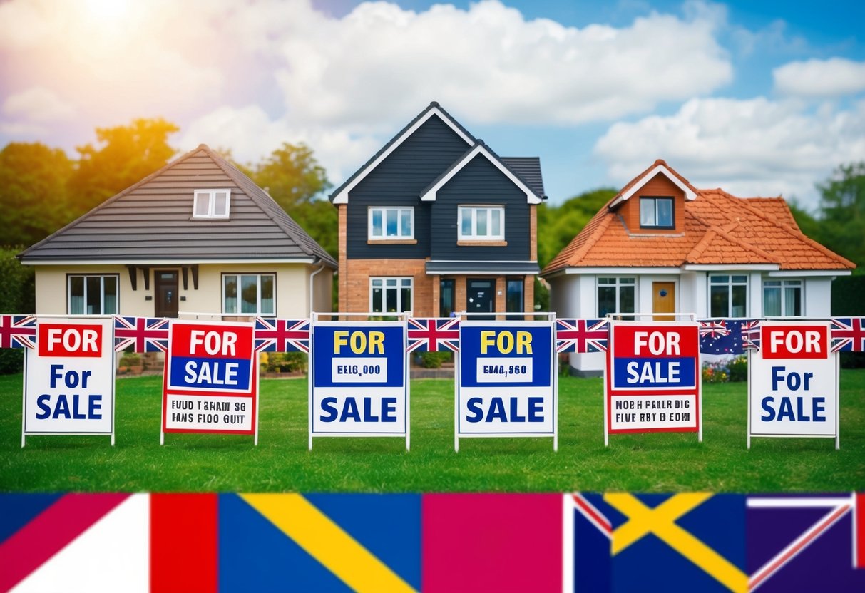 A group of diverse houses with "For Sale" signs, surrounded by a border with flags of different countries, symbolizing the impact of Brexit on expat mortgages and property ownership