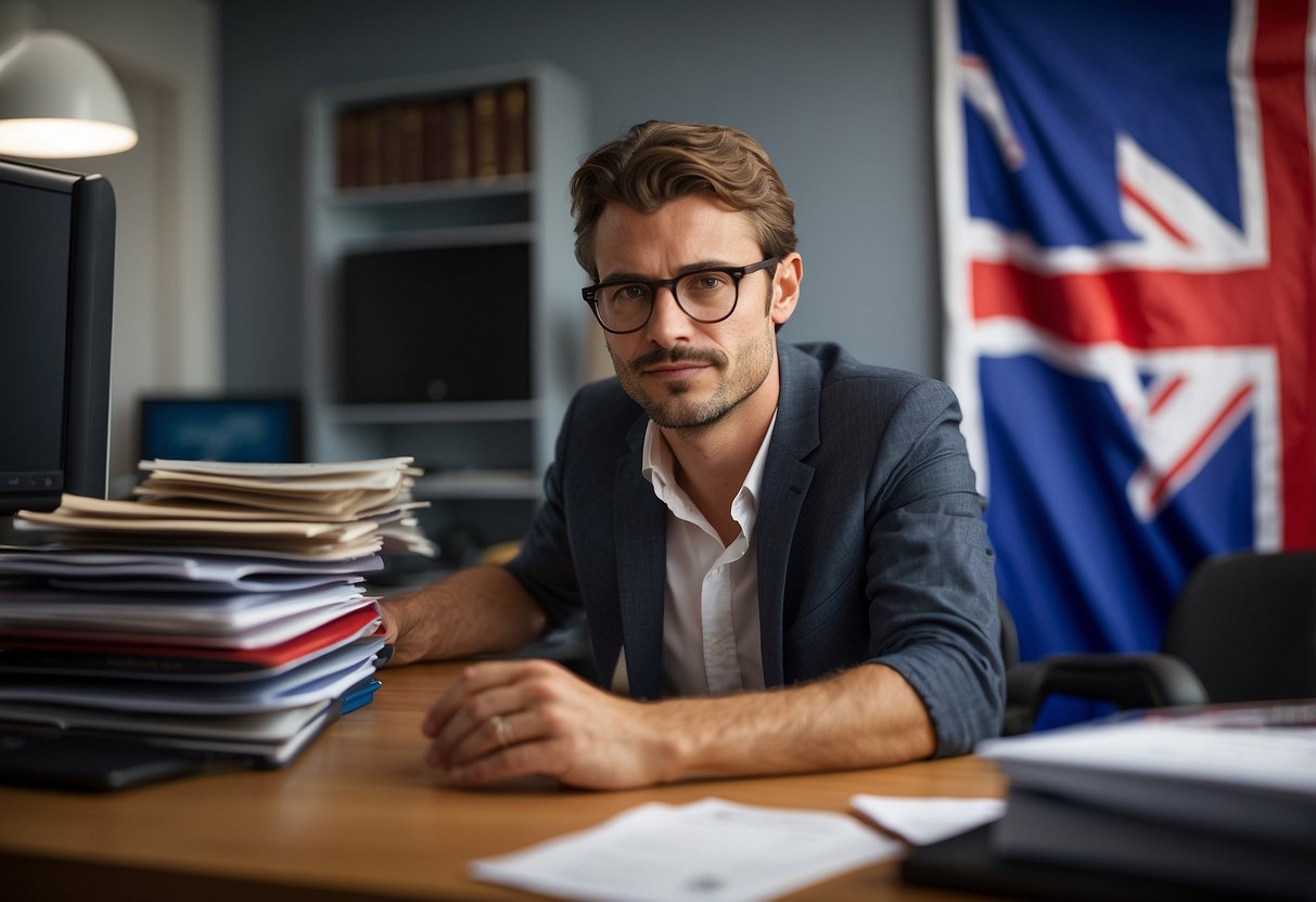 An expat sits at a desk, transferring credit history documents from one folder to another, with a UK flag in the background