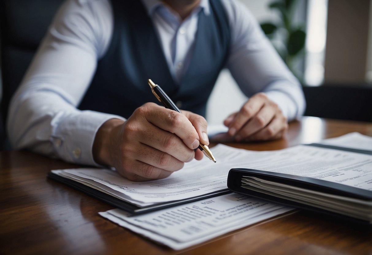 An expat reviewing legal documents with a solicitor, surrounded by property deeds and paperwork, while navigating the intricacies of UK property law