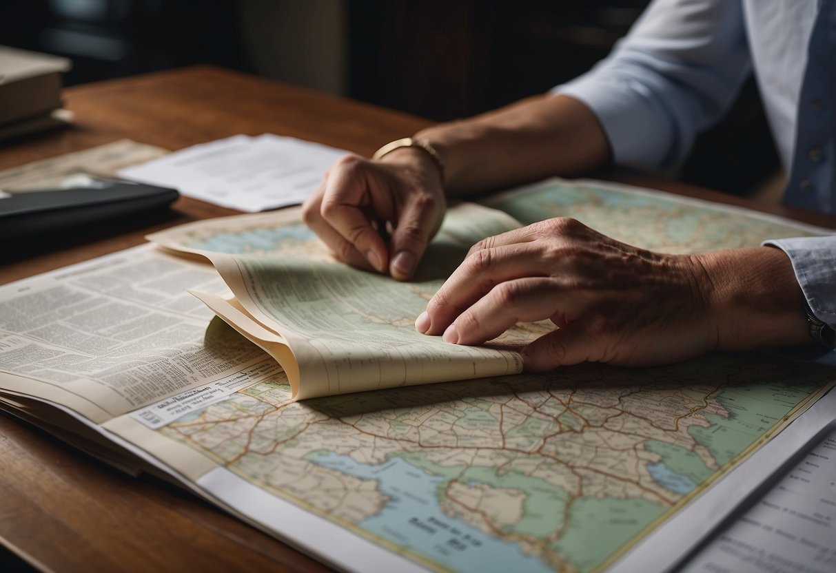 A person reading legal documents with a map of the UK and a checklist of property requirements on a desk