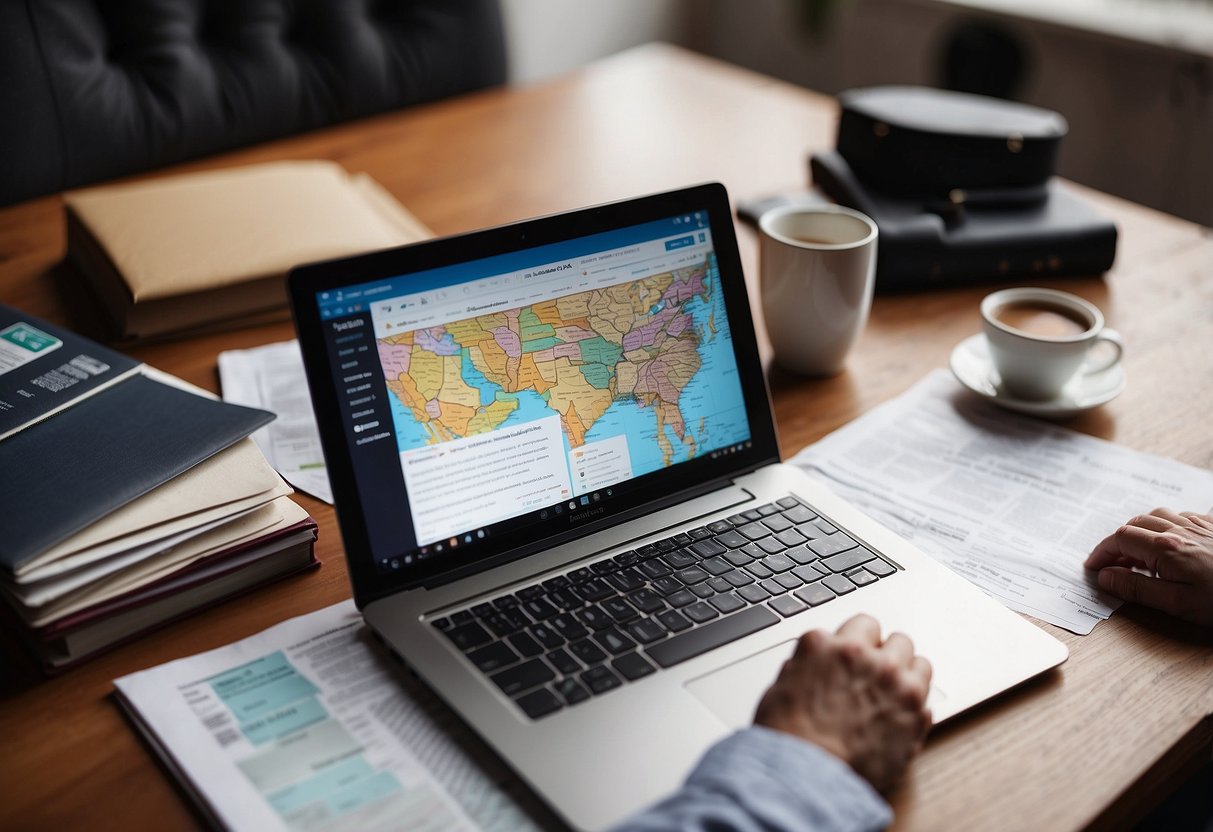 A person researching UK property laws, surrounded by legal documents, a laptop, and a map of the UK