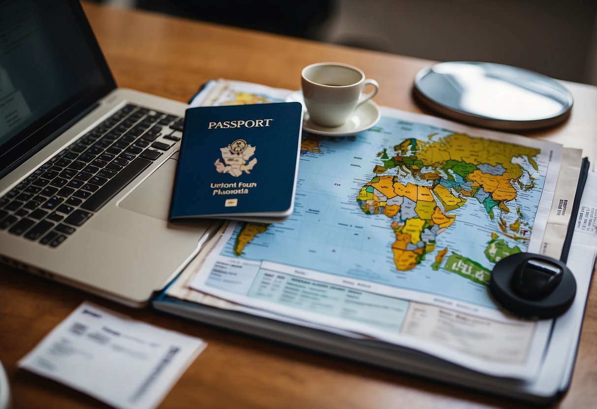 A passport, visa, and financial documents laid out on a desk, alongside a laptop showing mortgage application forms. A globe and a map of the host country are pinned to the wall