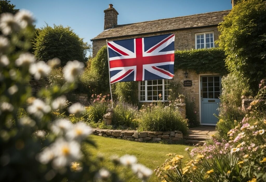 A British flag flying outside a traditional stone house with a