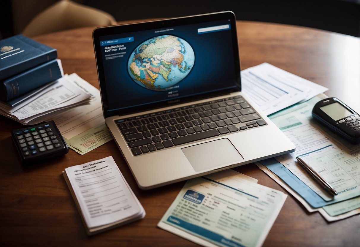 A desk with a laptop, calculator, and paperwork. A globe and passport on the side. A stack of bills and a mortgage application form