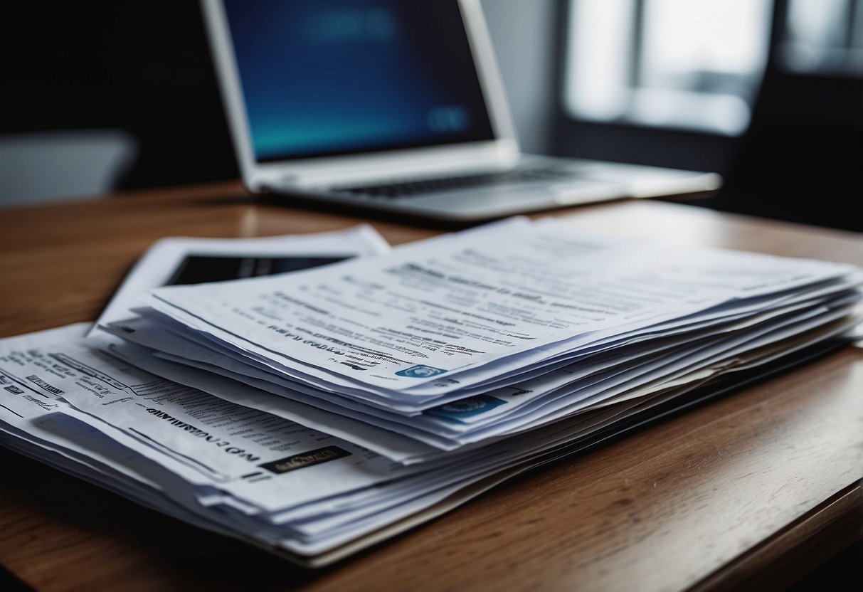 A stack of official documents, including pay stubs and employment contracts, laid out on a desk. A laptop showing financial statements and a passport with international stamps