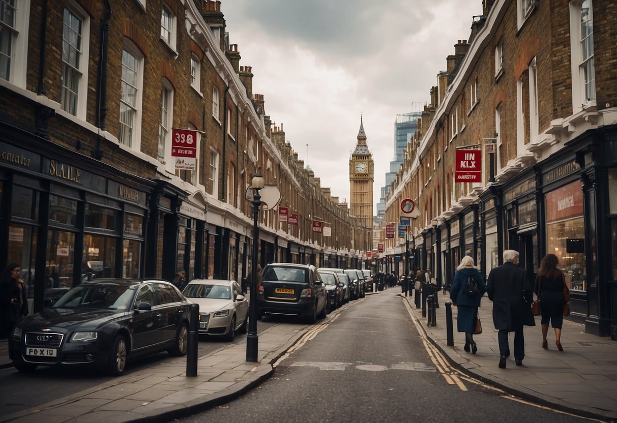 A bustling London street with diverse architecture and "For Sale" signs. A mix of modern and historic buildings reflects the UK property market's variety