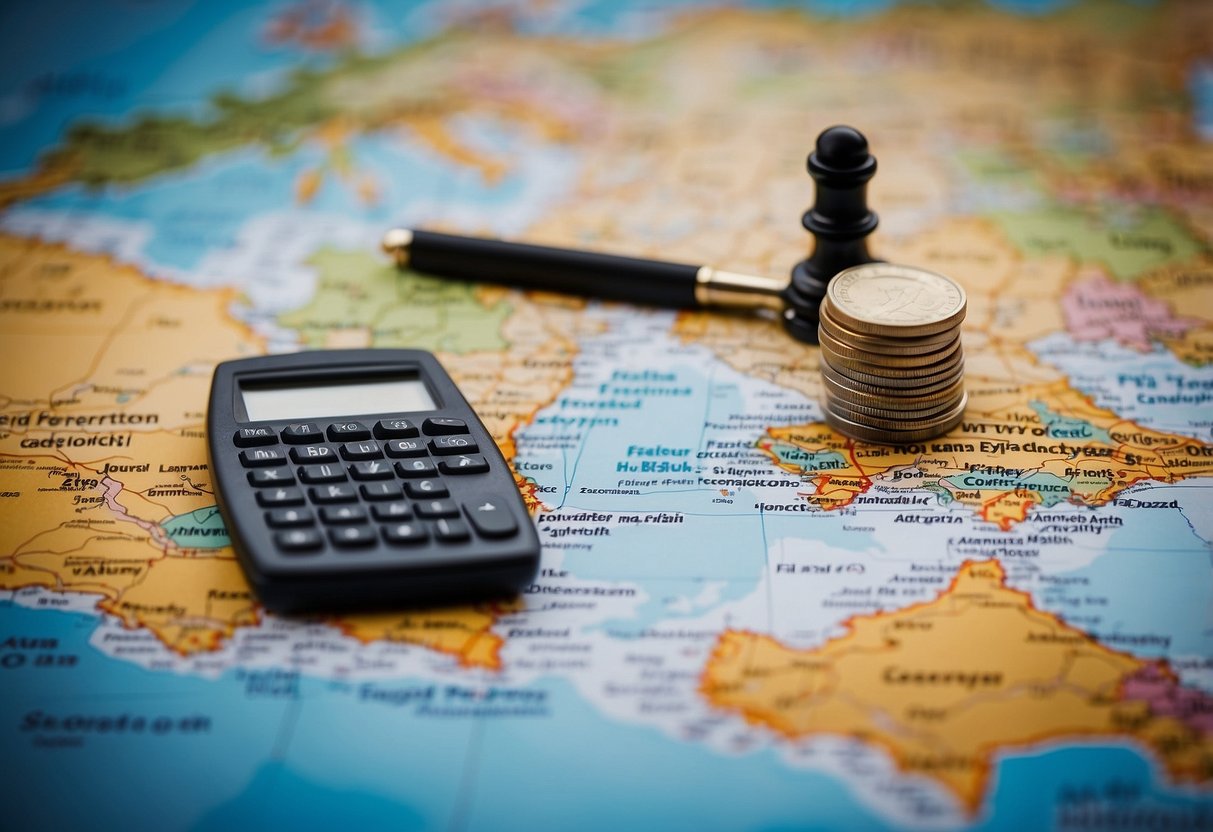 A map of the UK with key landmarks, a calculator, and a stack of currency representing different financial considerations for expats buying property