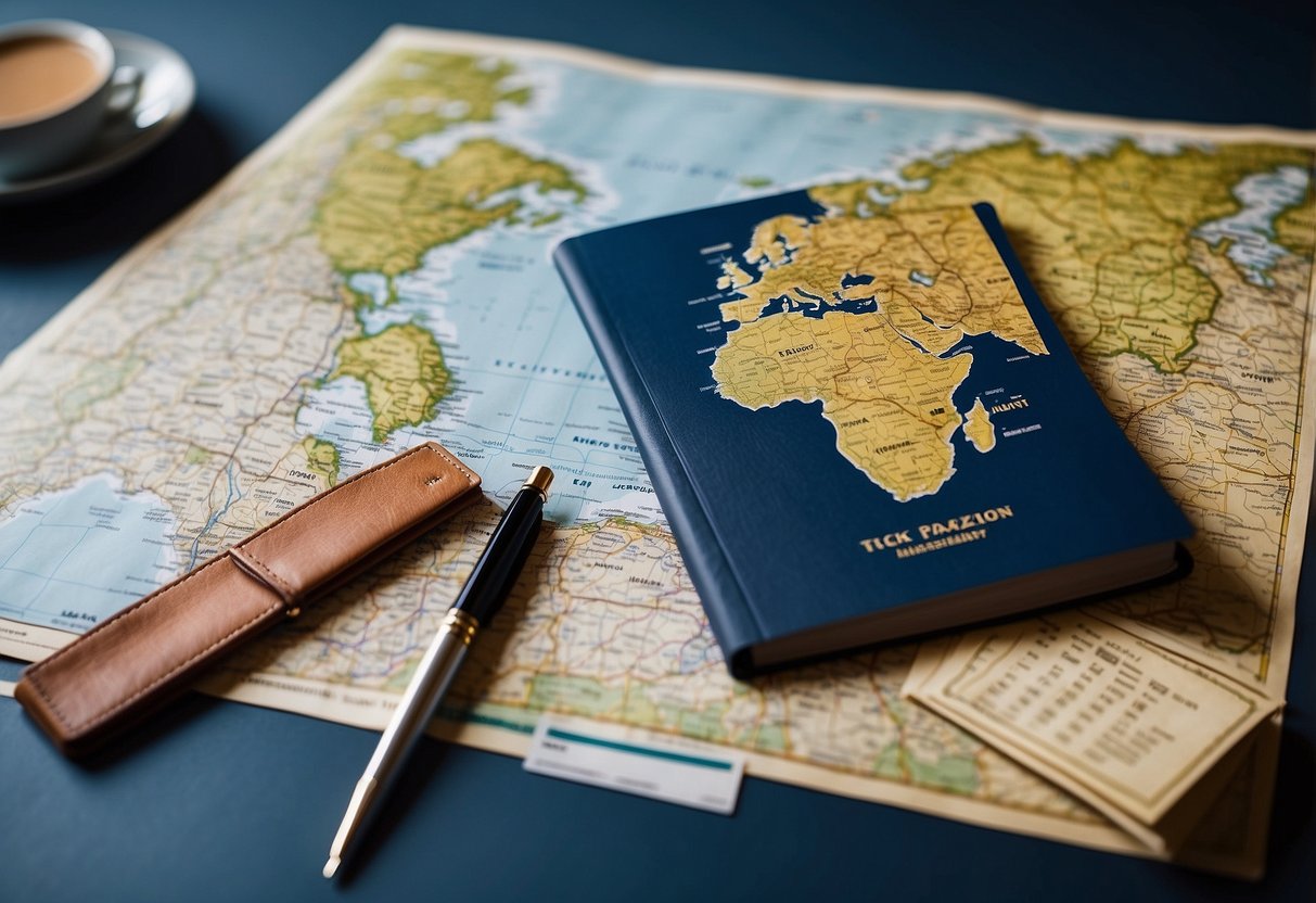 A map of the UK with a dotted line representing the journey from the expat's current location to the UK. Various documents such as passports and financial statements are laid out on a table