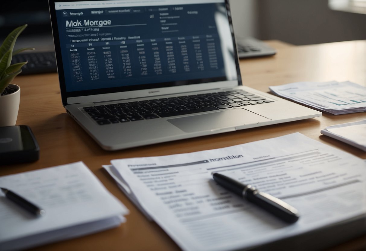 A person fills out mortgage paperwork at a desk with a laptop, calculator, and documents. A bank representative reviews the application and approves the mortgage