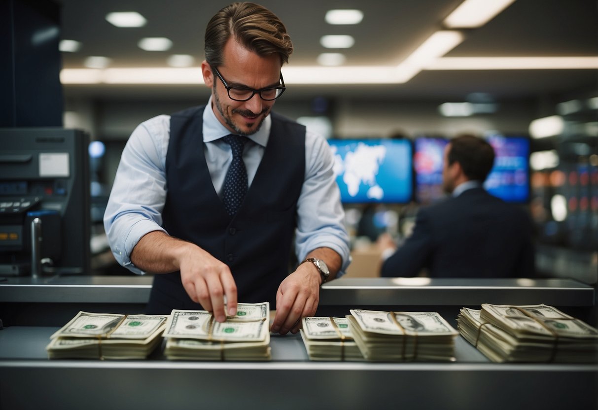 A person exchanging currency at a foreign exchange counter while making international payments for UK property purchases