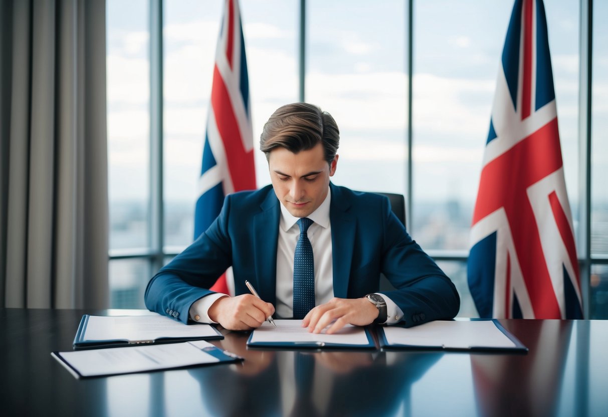 A person at a desk comparing documents with US and UK flags in the background