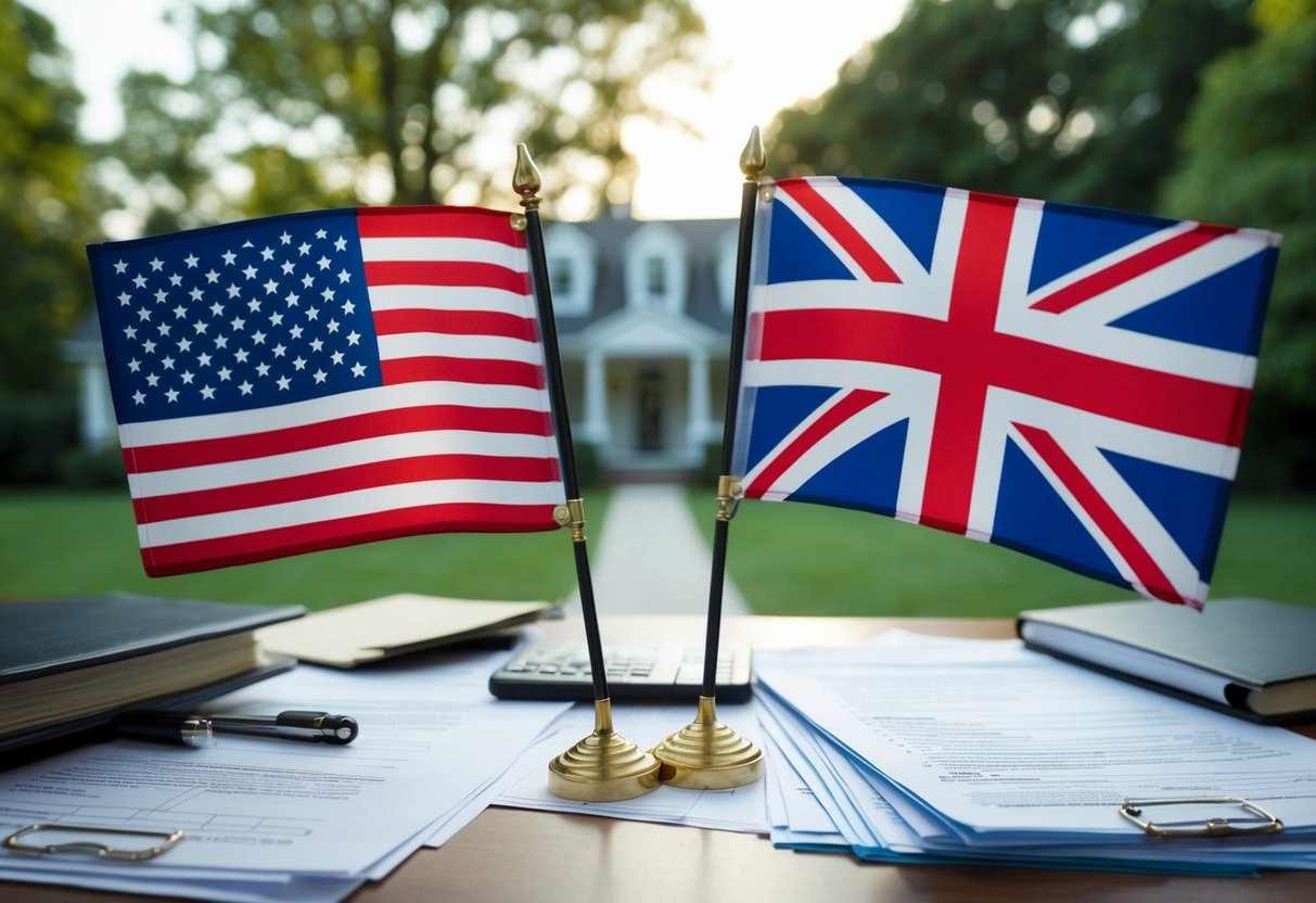 An American flag and a British flag side by side, with a house in the background and legal and tax documents scattered around