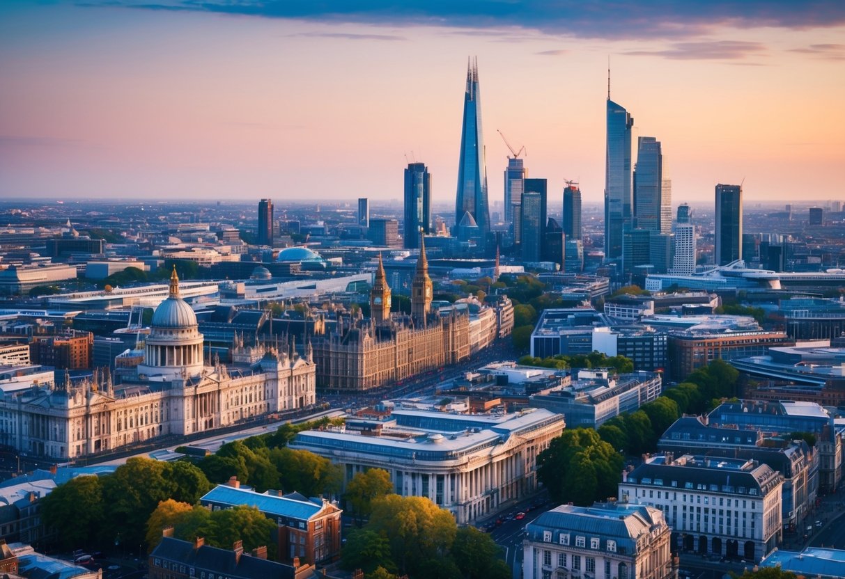 A bustling cityscape with iconic landmarks and diverse neighborhoods, showcasing the appeal of UK cities for expat property investment