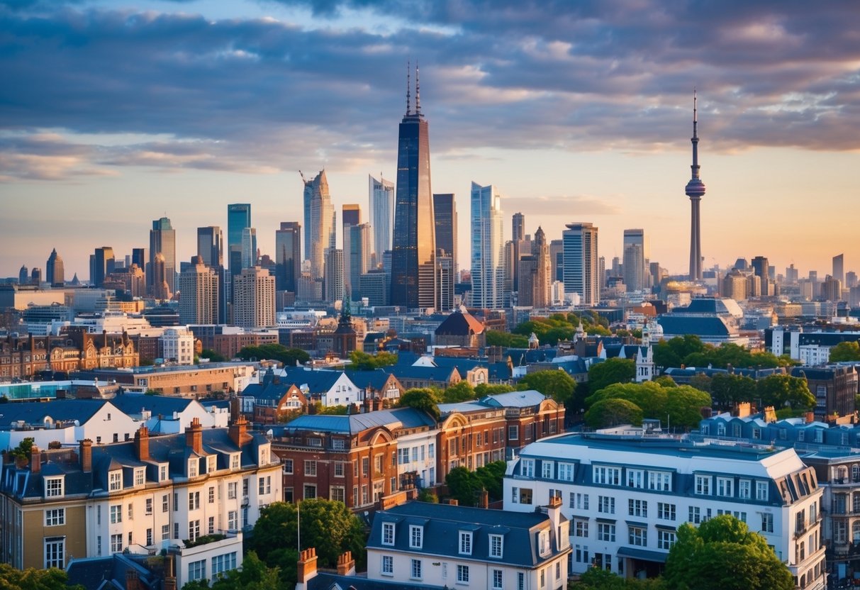 A bustling city skyline with iconic landmarks, surrounded by a mix of modern and historic buildings. A diverse range of properties, from high-rise apartments to traditional townhouses, are scattered throughout the city