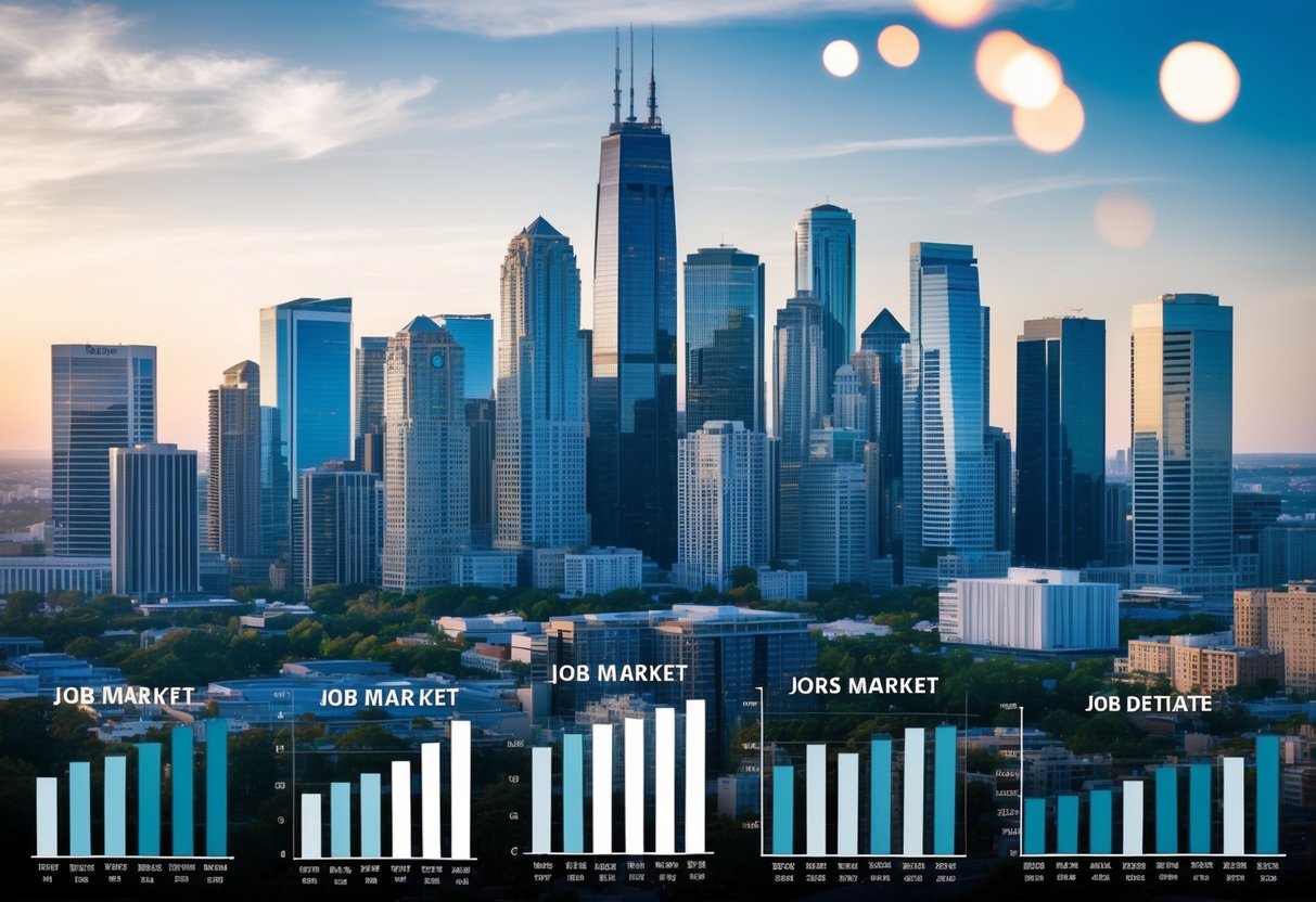 A bustling city skyline with skyscrapers and real estate properties, surrounded by graphs and charts representing job market data