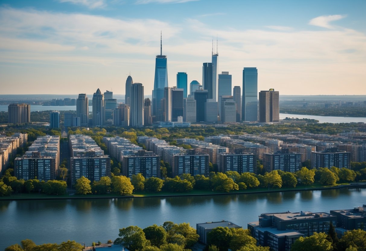 A city skyline with iconic landmarks and rows of residential and commercial buildings, surrounded by greenery and bodies of water