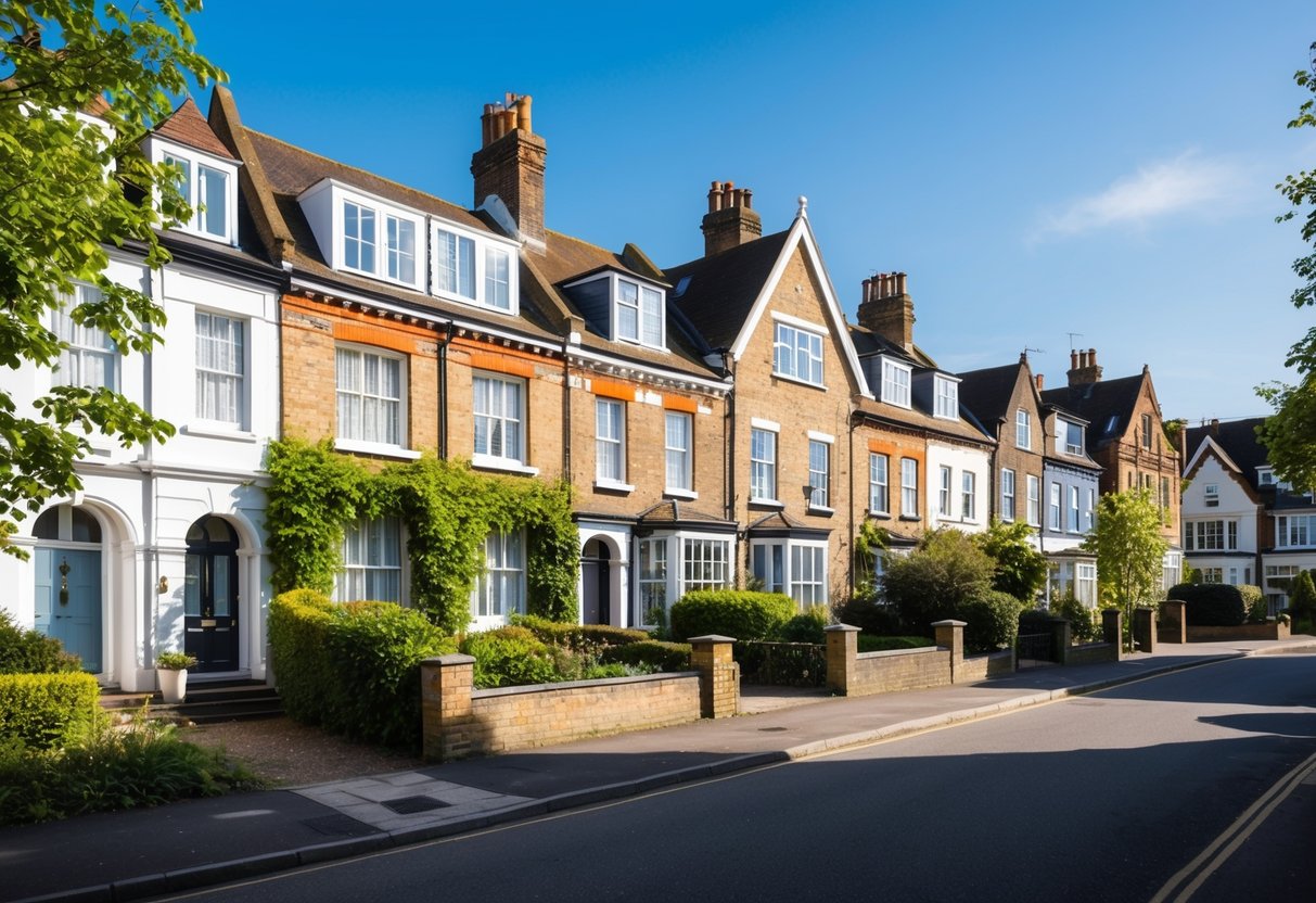 A row of diverse, well-maintained properties in a UK neighborhood, with a mix of traditional and modern architecture, surrounded by lush greenery and clear blue skies