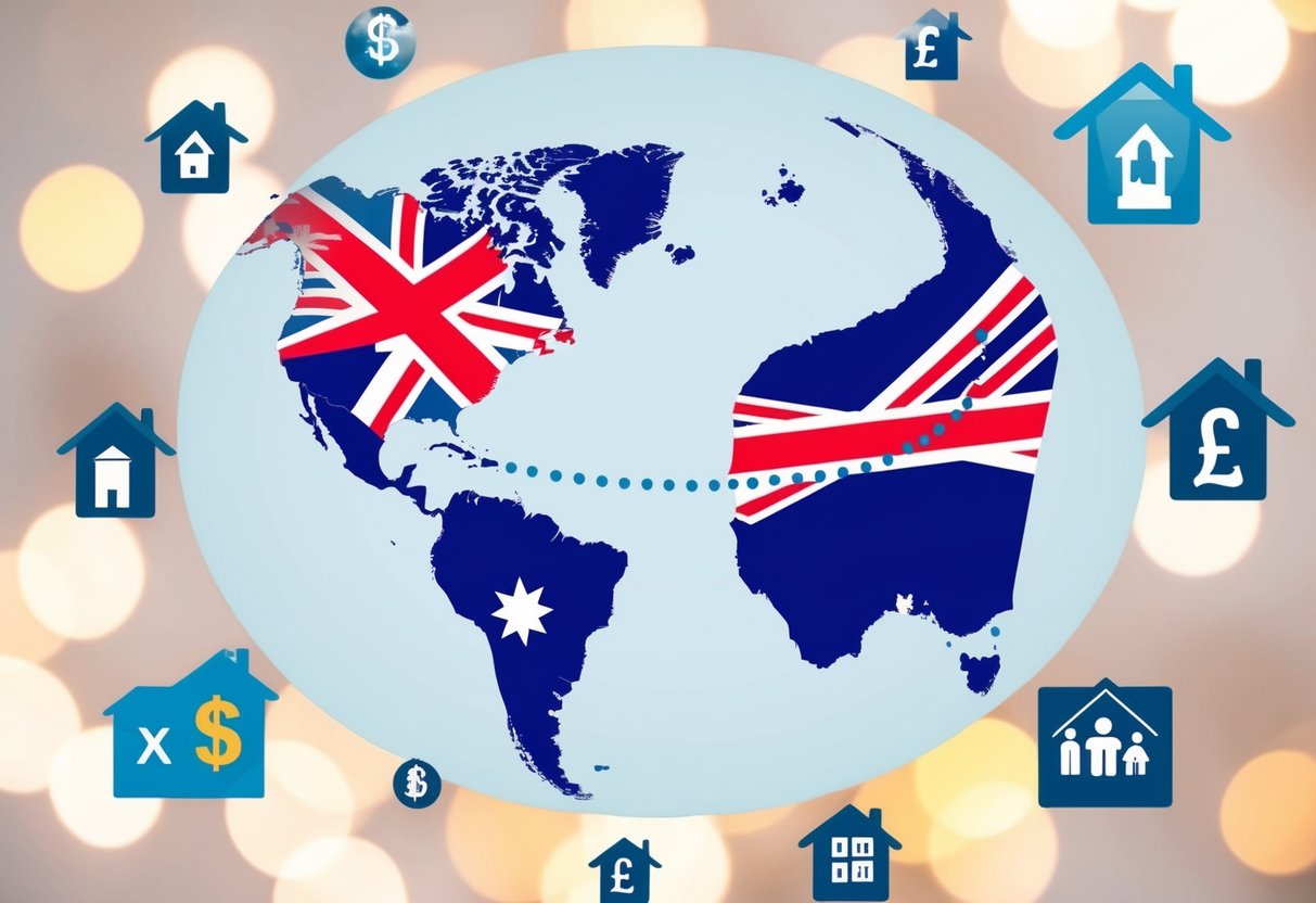 A map of the UK and Australia with a dotted line connecting the two countries, surrounded by symbols of home ownership and financial stability