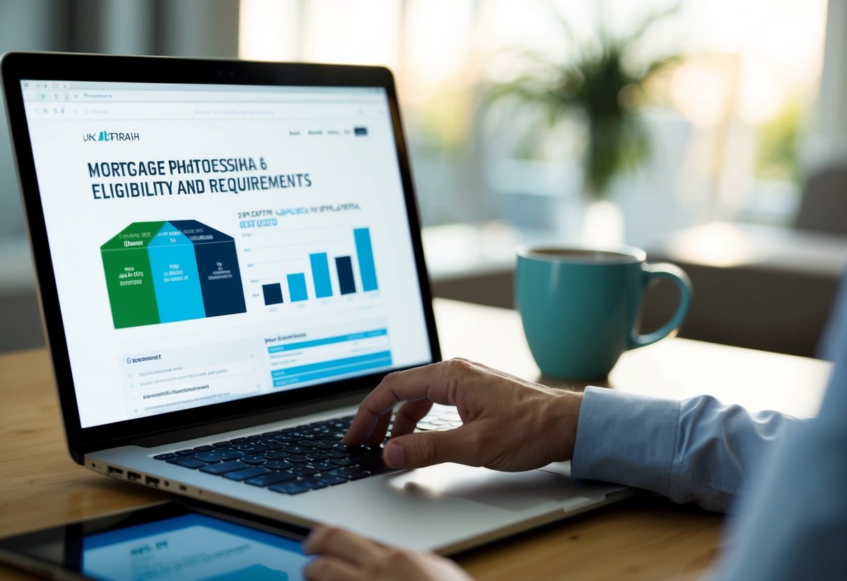 A UK expat in Australia researching online, with a laptop open to a mortgage eligibility and requirements webpage