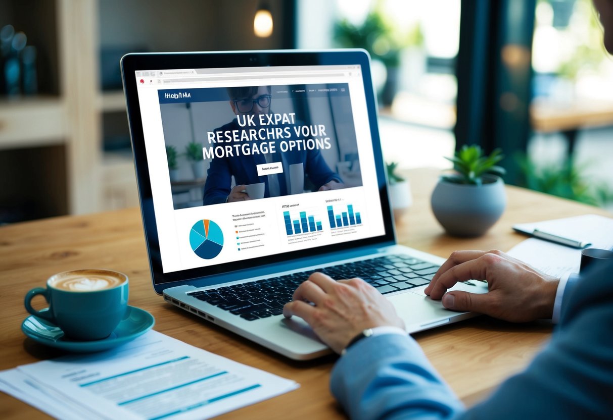 A UK expat in Australia researches mortgage options online, surrounded by a laptop, paperwork, and a cup of coffee