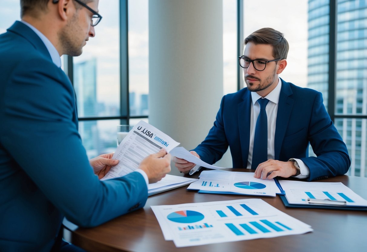 A UK expatriate in the USA studies tax documents with investment charts and a map of the UK and USA