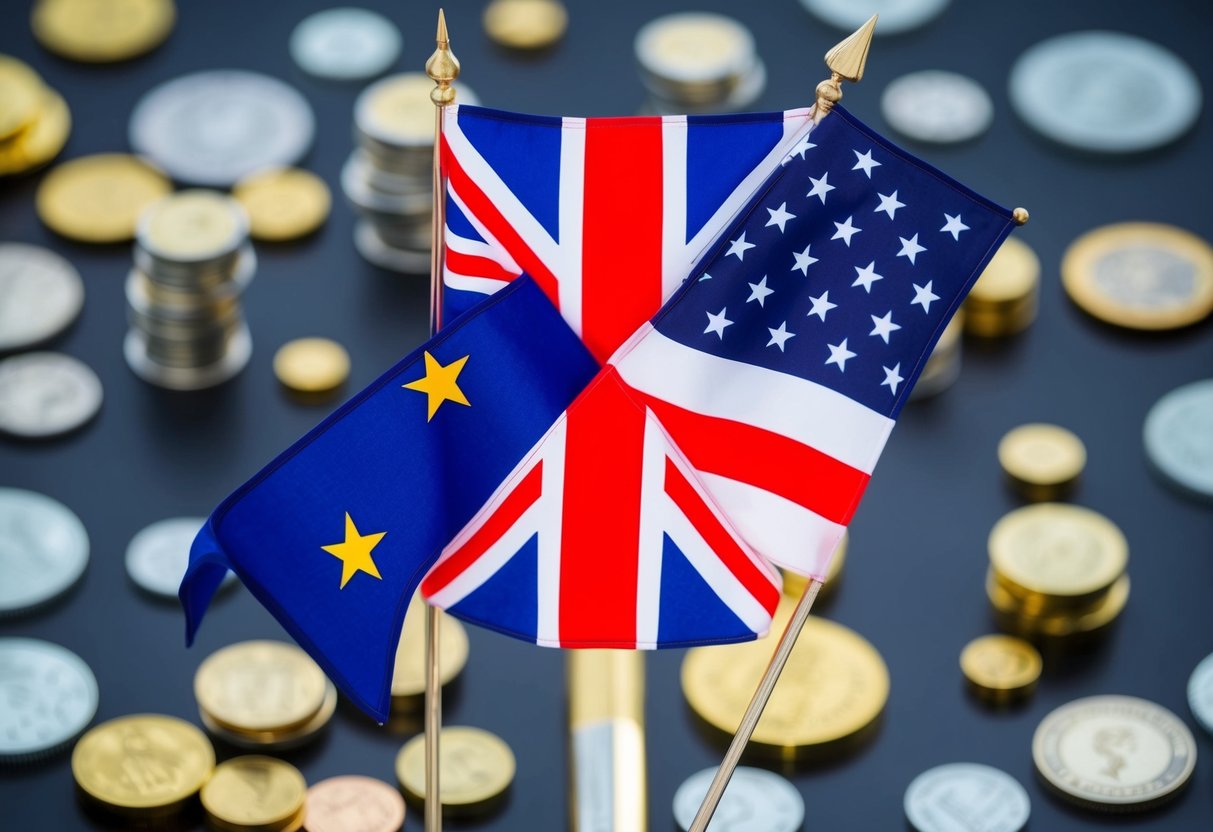 A UK flag and a USA flag overlapping, surrounded by various investment vehicles such as stocks, bonds, and real estate