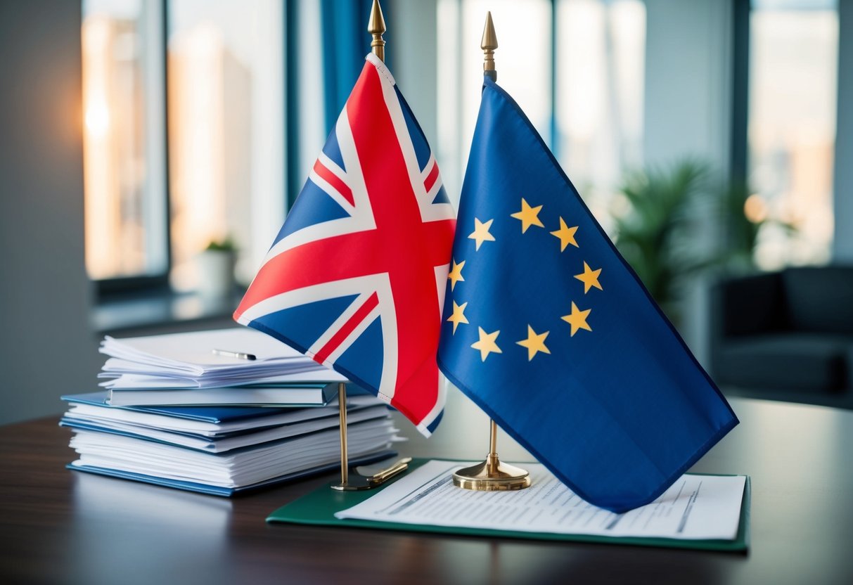 A UK and USA flag overlapping, with a stack of investment documents and a family estate plan on a desk